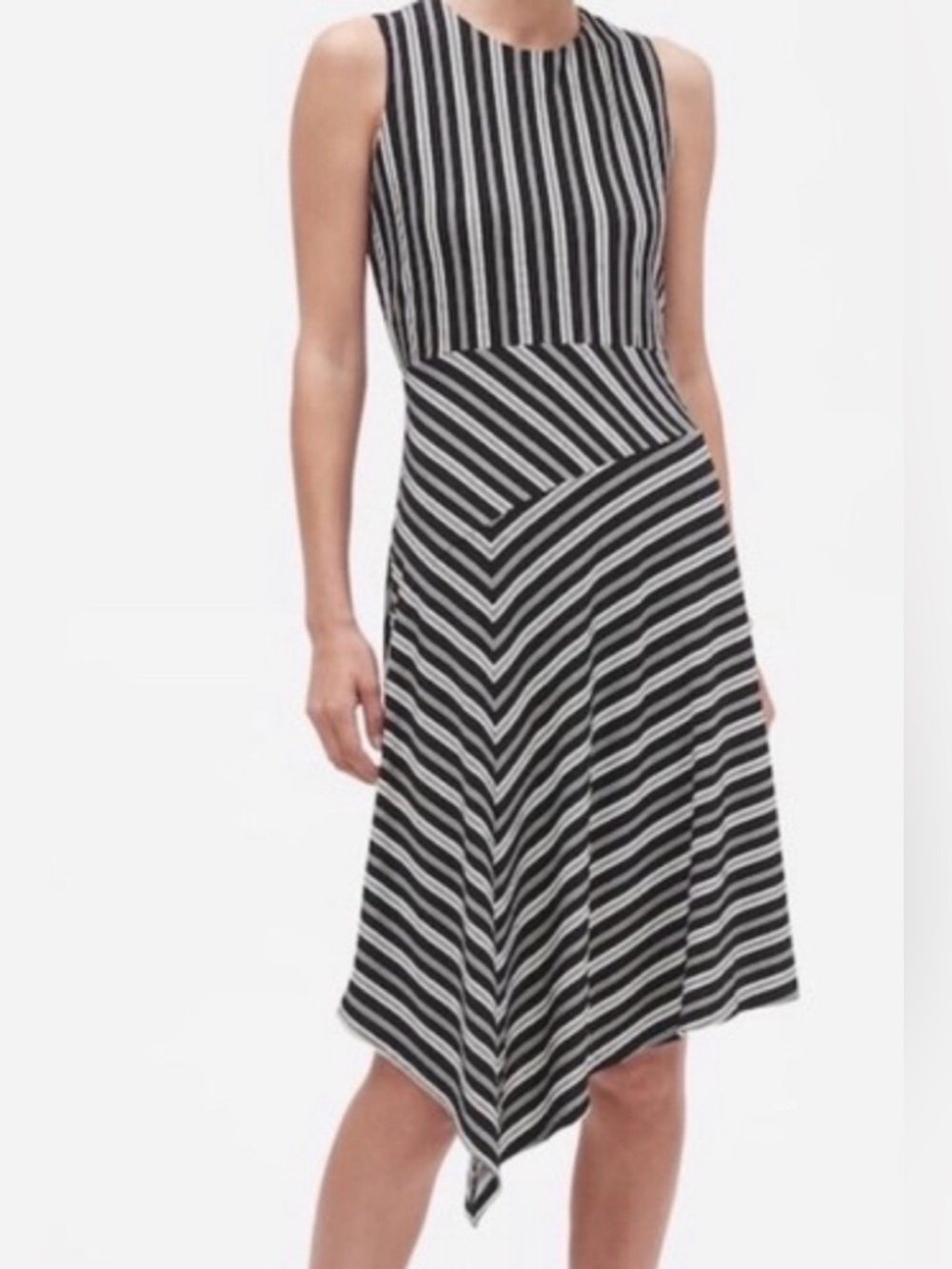 Banana Republic Factory Black/White Striped Knit Asymmetrical Hem Dress, Small